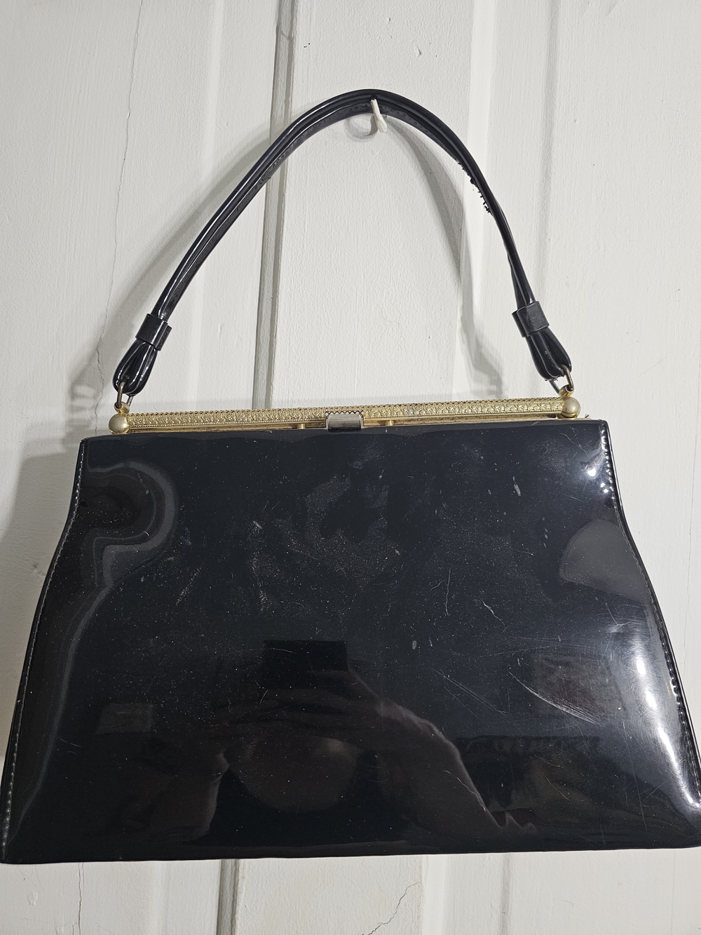Vintage Black Patent Top-Handle Clutch with Gold Frame